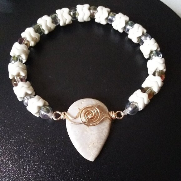 Wintery Coral Fossil Bracelet w. Howlite & Glass Beads | Handmade Holiday Gift - Picture 2 of 10